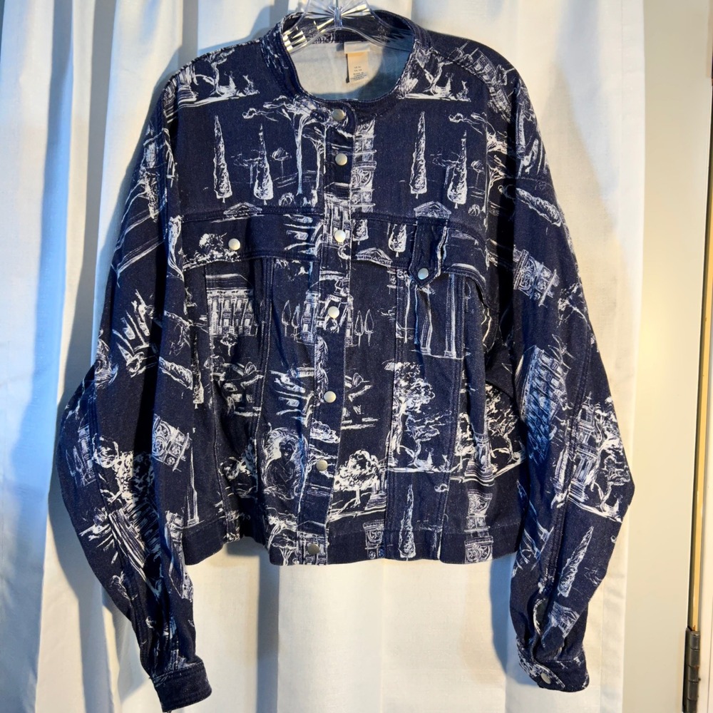 H&M Denim Jacket Women XL Blue‎ White Architectural Print Button Down Collared